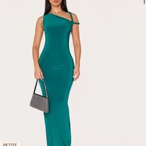 PETITE EMERALD GREEN TWIST SHOULDER SLINKY MAXI DRESS